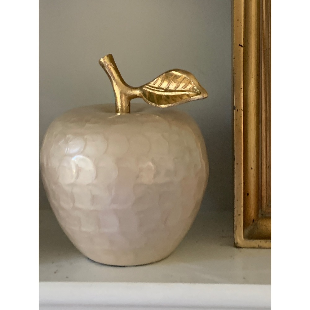 Hammered Pearlescent Cream Apple Figurine Gold Stem Leaf Decor